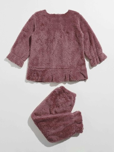 Toddler Girls Ruffle Trim Contrast Lace Teddy Pajama Set
