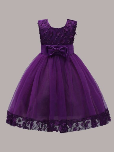 Toddler Girls Appliques Contrast Mesh Bow Detail Gown Dress