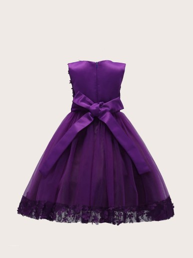 Toddler Girls Appliques Contrast Mesh Bow Detail Gown Dress
