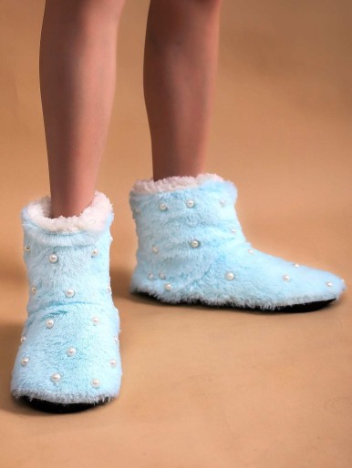Faux Pearl Decor Fluffy Slippers