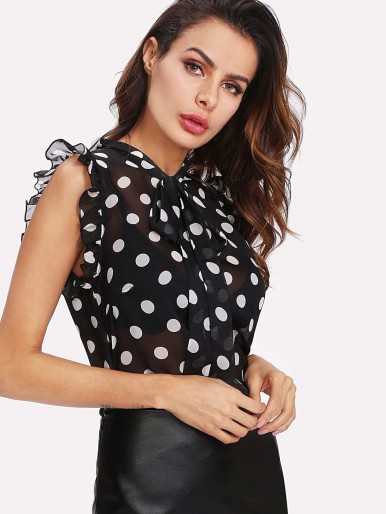 SHEIN Polka Dot Tied Neck Sheer Blouse