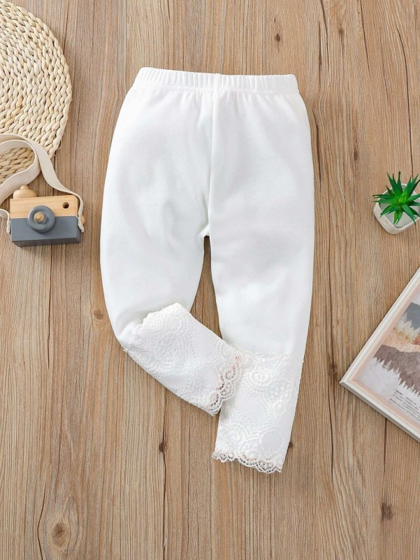 Girls Contrast Lace Leggings- White