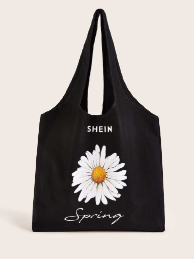 SHEIN Daisy Print Canvas Tote Bag