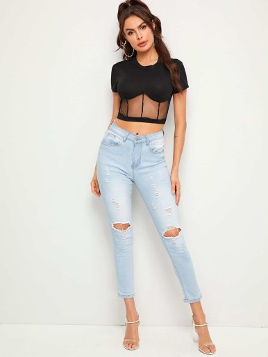 SHEIN Sheer Mesh Insert Form-Fitting Cropped Tee