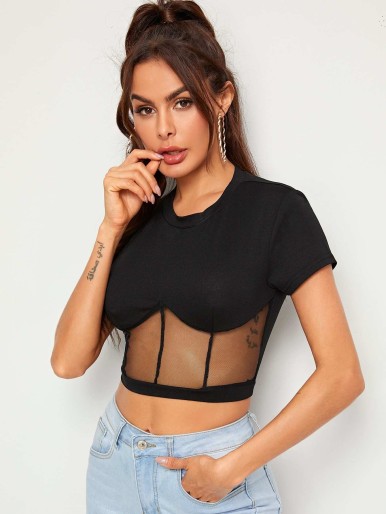 SHEIN Sheer Mesh Insert Form-Fitting Cropped Tee