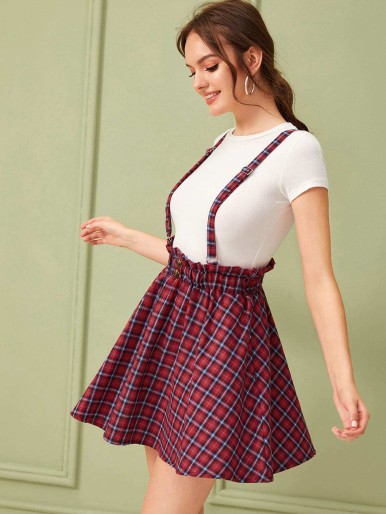 Frill Trim Button Tartan Skirt