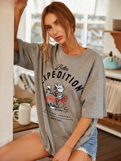 Floral And Letter Graphic Oversized Tee