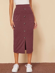 SHEIN Single Breasted Split Hem Pocket Patched Rib-knit Skirt