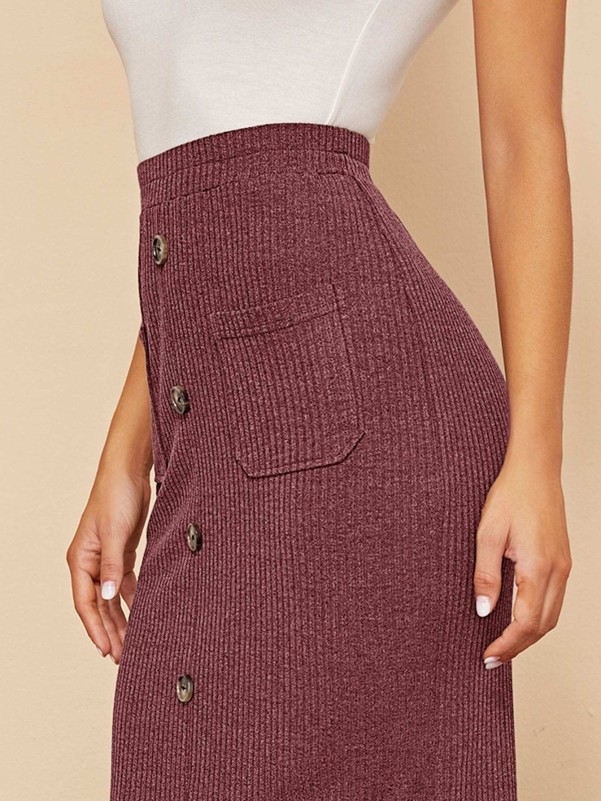 SHEIN Single Breasted Split Hem Pocket Patched Rib-knit Skirt