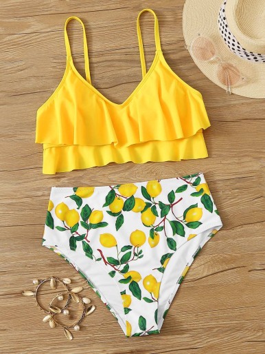 Random Lemon Print Tiered Layer Bikini Swimsuit
