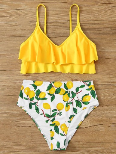 Random Lemon Print Tiered Layer Bikini Swimsuit