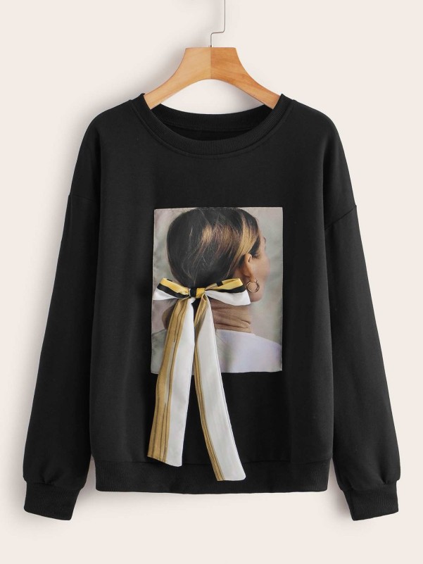 SHEIN Figure Graphic Tie Front Sweatshirt