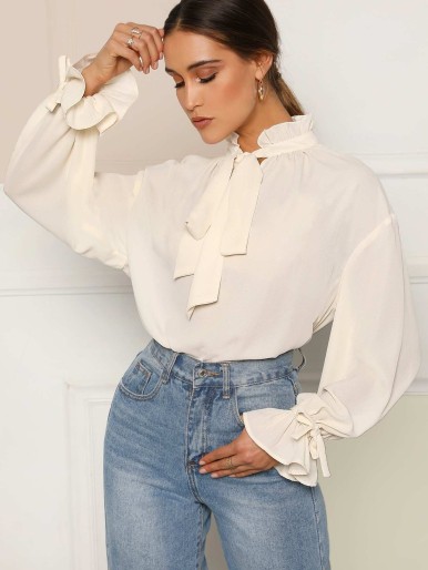 SHEIN Tied Frill Neck Flounce Sleeve Top