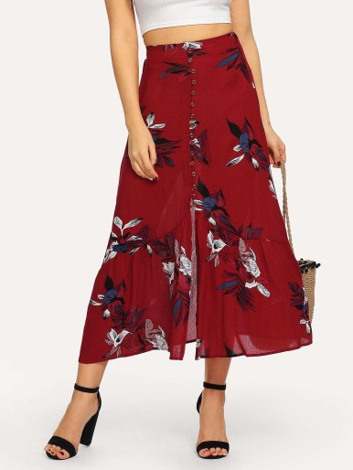 Floral Print Button Front Skirt