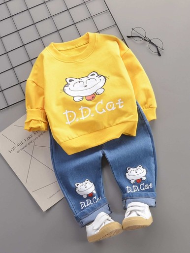 Toddler Boys Cartoon And Letter Graphic Sweatshirt & Jeans