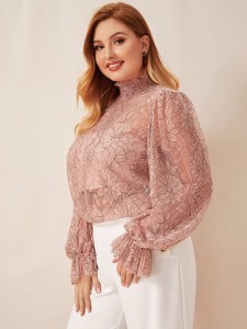 SHEIN Plus Shirred High Neck Floral Lace Top Without Bandeau