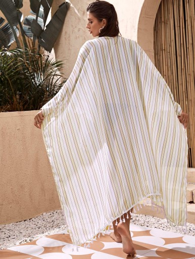 Striped Tassel Trim Kimono