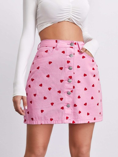 Button Front Allover Heart Print Denim Skirt