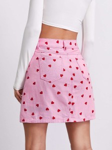 Button Front Allover Heart Print Denim Skirt