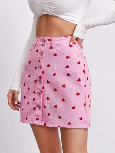 Button Front Allover Heart Print Denim Skirt