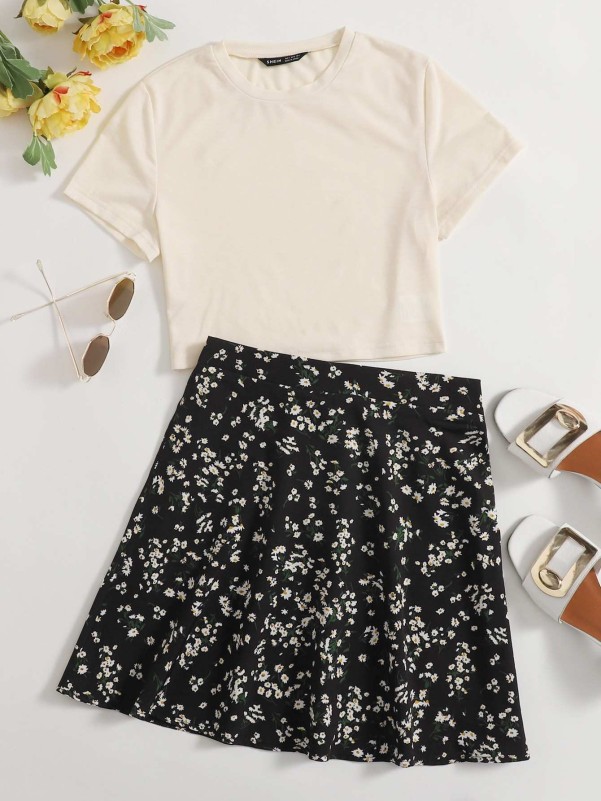 Solid Tee & Ditsy Floral Skirt Set