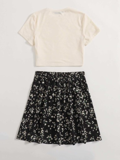 Solid Tee & Ditsy Floral Skirt Set