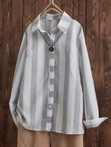 EMERY ROSE Stripe Button Up Blouse Without Necklace
