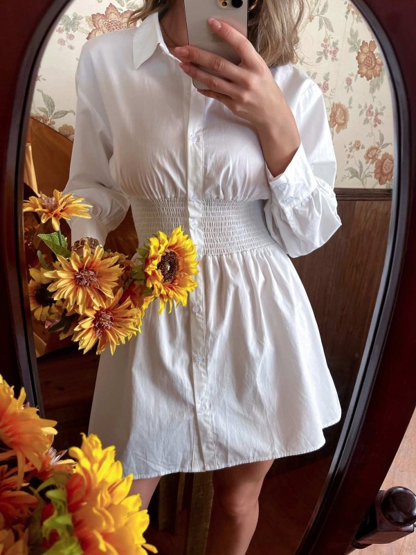 Shirred Waist Button Front Shirt Dress