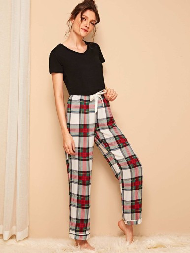 V-neck Top & Plaid Pants PJ Set