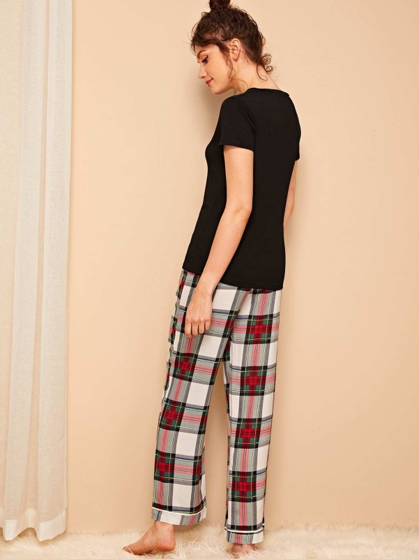 V-neck Top & Plaid Pants PJ Set