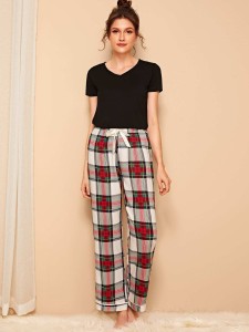 V-neck Top & Plaid Pants PJ Set