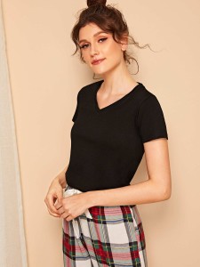 V-neck Top & Plaid Pants PJ Set