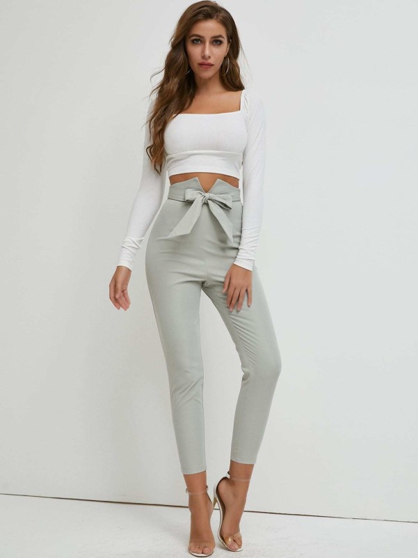 SBetro High Waist Belted Cropped Pants