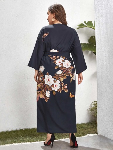 SHEIN Plus Floral Drop Shoulder Kimono