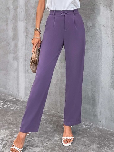 Solid Button Front Tailored Pants