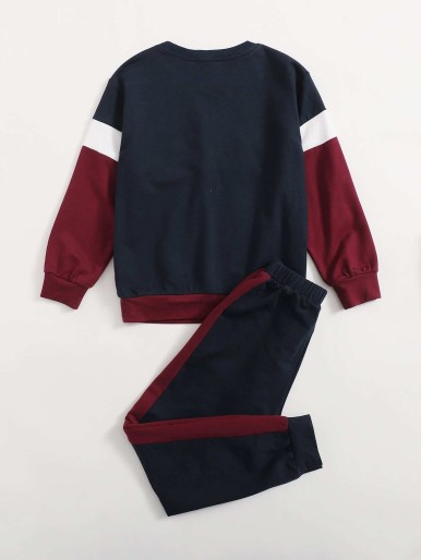 SHEIN Boys Letter Graphic Colorblock Pullover & Contrast Side Seam Joggers Set
