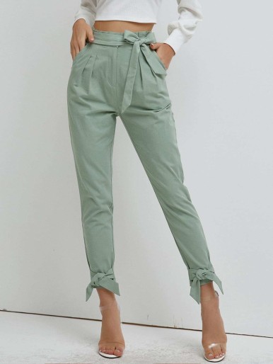 SBetro Paperbag Waist Belted Knotted Hem Pants