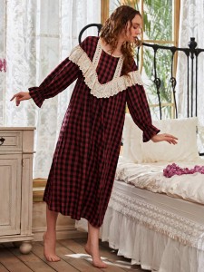 Schiffy Panel Gingham Flounce Sleeve Night Dress