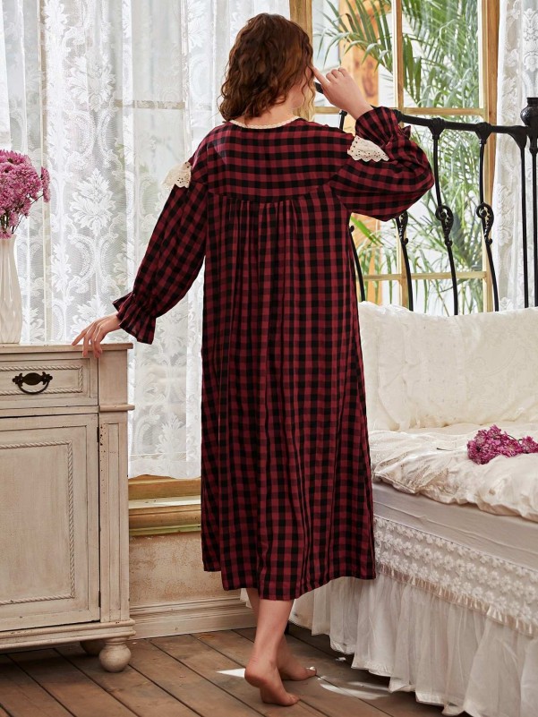 Schiffy Panel Gingham Flounce Sleeve Night Dress