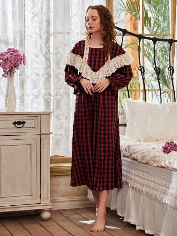 Schiffy Panel Gingham Flounce Sleeve Night Dress