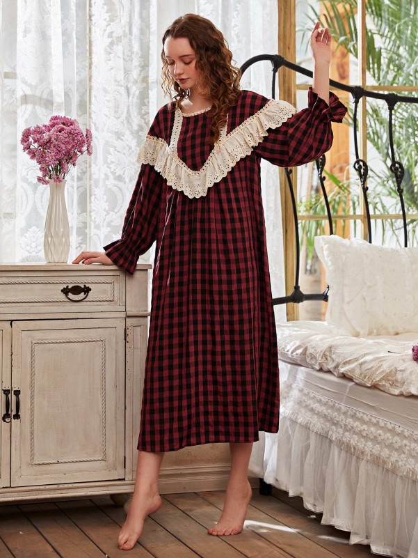 Schiffy Panel Gingham Flounce Sleeve Night Dress