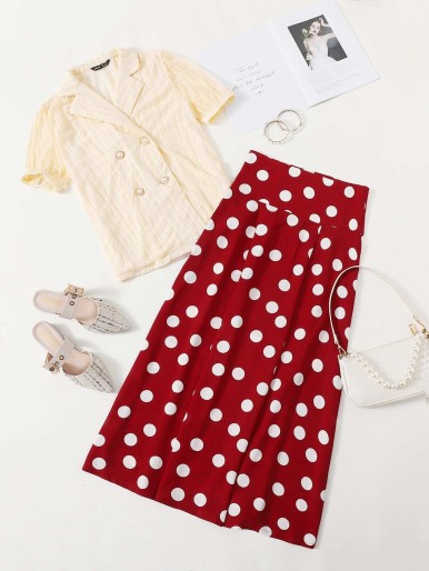 SHEIN Lapel Collar Lace Blouse & Wide Waistband Polka Dot Skirt Set