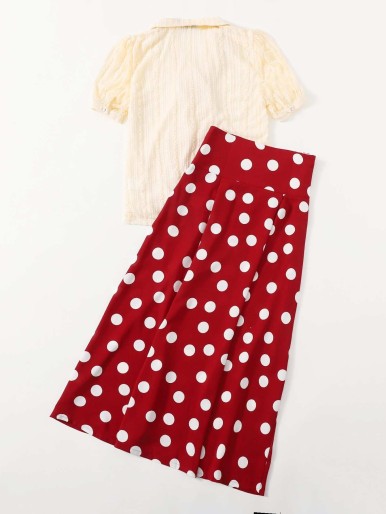 SHEIN Lapel Collar Lace Blouse & Wide Waistband Polka Dot Skirt Set