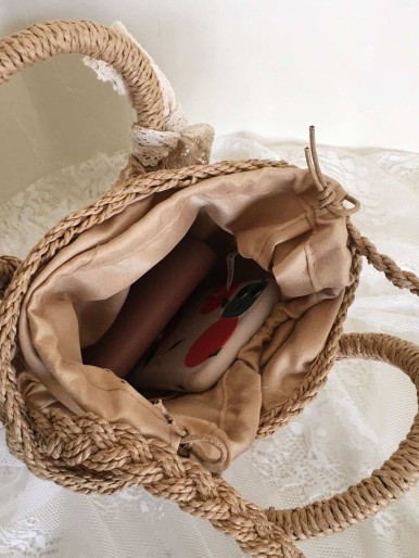 حقيبة دلو منسوجة مزينة بفيونكة للبنات