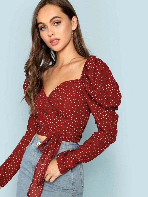 SheIn Women's Round Neck Polka Dots Sheer Mesh Puff Long Sleeve Ribbed Tee  Tops: Buy Online at Best Price in Egypt - Souq is now
