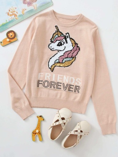 SHEIN Girls Unicorn Sequin Patched Letter Pattern Sweater