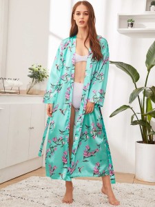 Floral Print Satin Robe With Belt