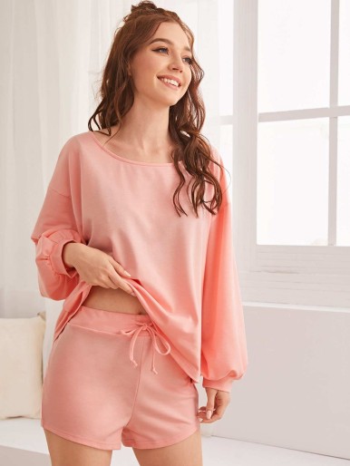 Solid Long Sleeve Top With Shorts PJ Set