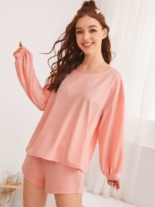 Solid Long Sleeve Top With Shorts PJ Set