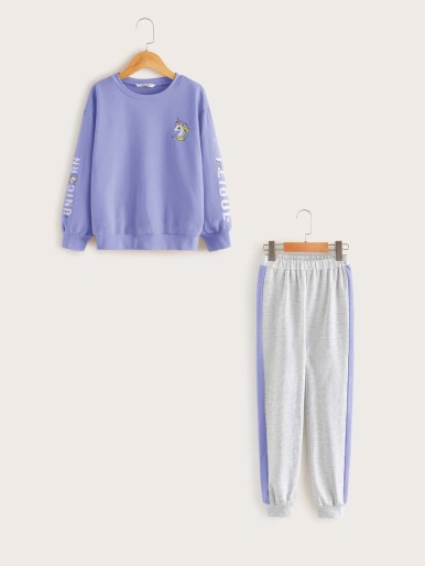 SHEIN Girls Unicorn Print Pullover & Striped Side Joggers Set